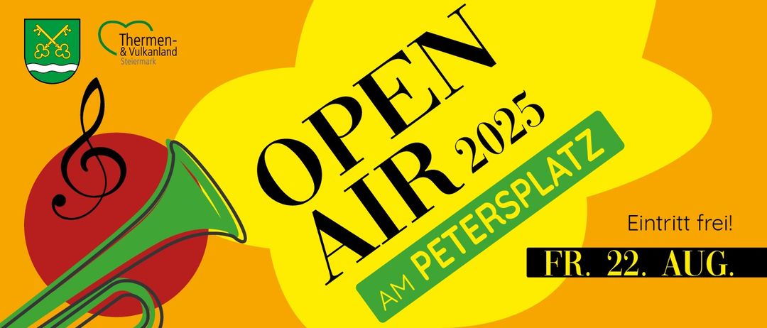 Ein leuchtend gelbes Poster mit schwarzem Text, das 'OPEN AIR 2025' und 'AM PETERSPLATZ' zeigt, begleitet von einem grünen Blatt und einem roten Objekt.