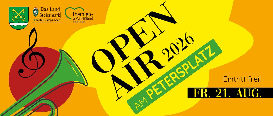 Ein Werbeplakat für Open Air 2026, das auf dem Petersplatz stattfindet. Das Plakat hat einen gelben Hintergrund mit schwarzem Text, der Open Air 2026 lautet. Unten befindet sich auch ein grüner Banner.