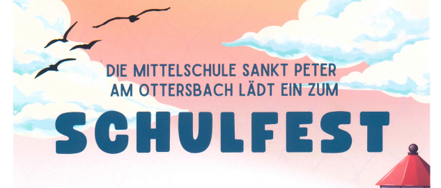 Plakat für ein Schulfest an der Sankt Peter Mittelschule in Ottersbach. Es zeigt einen Leuchtturm, ein Segelboot und den Slogan 'Segel ab!'. Die Veranstaltung ist für den 8. Juli 2026 um 18:00 Uhr in der Ottersbach-Halle geplant.