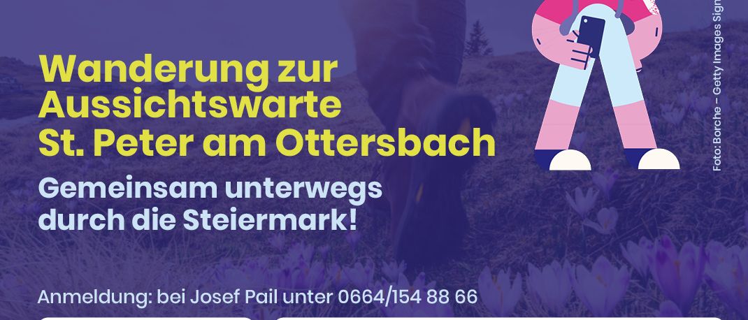 Plakat für eine Wanderveranstaltung in St. Peter am Ottersbach. Treffpunkt: Peter's Platz, Beginn: 10:00 Uhr. Dauer: ca. 3h, Distanz: 9,6 km. Kontakt: Josef Pail, 0664/154 88 66.