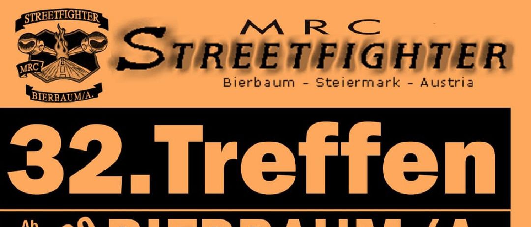 Plakat für das 32. Treffen in Bierbaum/A. Beginn um 14:00 Uhr, mit einer Frau auf einem Motorrad, kostenloser Eintritt, kostenloses Camping, kostenloses Frühstück. Veranstaltungsort zwischen Gnas und St. Peter/O. in der südlichen Steiermark.