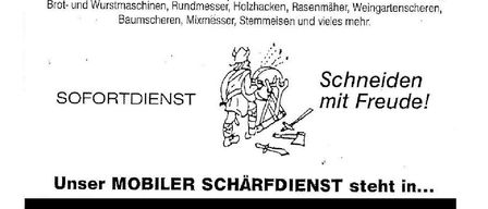 An advertisement for Messerschmied offering sharpening services for various types of knives and blades. It provides contact details and emphasizes mobile service. Located in St. Peter am Ottersbach at Spar parking lot.