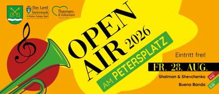 Ein gelbes Plakat mit fetter Schrift, das 'OPEN AIR 2026 AM PETERSPLATZ' liest. Es zeigt ein gelbes und grünes Blattsymbol auf der rechten Seite. Das Plakat ist Teil eines Events oder Festivals.