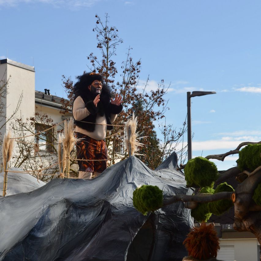 Eine Person in einem Gorillakostüm steht auf einer großen bemalten Felsformation mit Bäumen im Hintergrund.