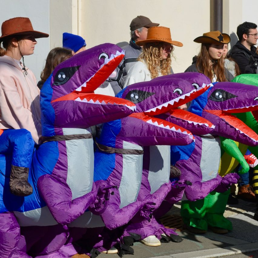 Eine Gruppe von Menschen, die in Dinosaurierkostümen gekleidet sind, darunter lila und blaue, stehen in einer Reihe auf der Straße.
