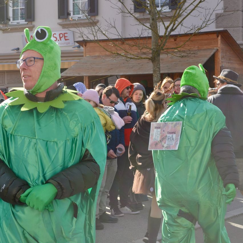 Ein Mann in einem grünen Froschkostüm steht in einer Menschenmenge, mit einem Gebäude im Hintergrund.