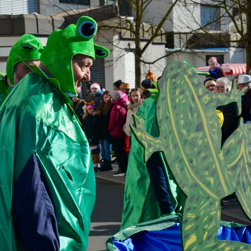 Mehrere Menschen, die als Frösche verkleidet sind und grüne Kostüme tragen, laufen bei einer Parade auf einem Freigelände. Dahinter steht eine große grüne, froschähnliche Struktur auf dem Boden. Viele Menschen stehen und beobachten die Parade. Einige tragen Hüte und Brillen.