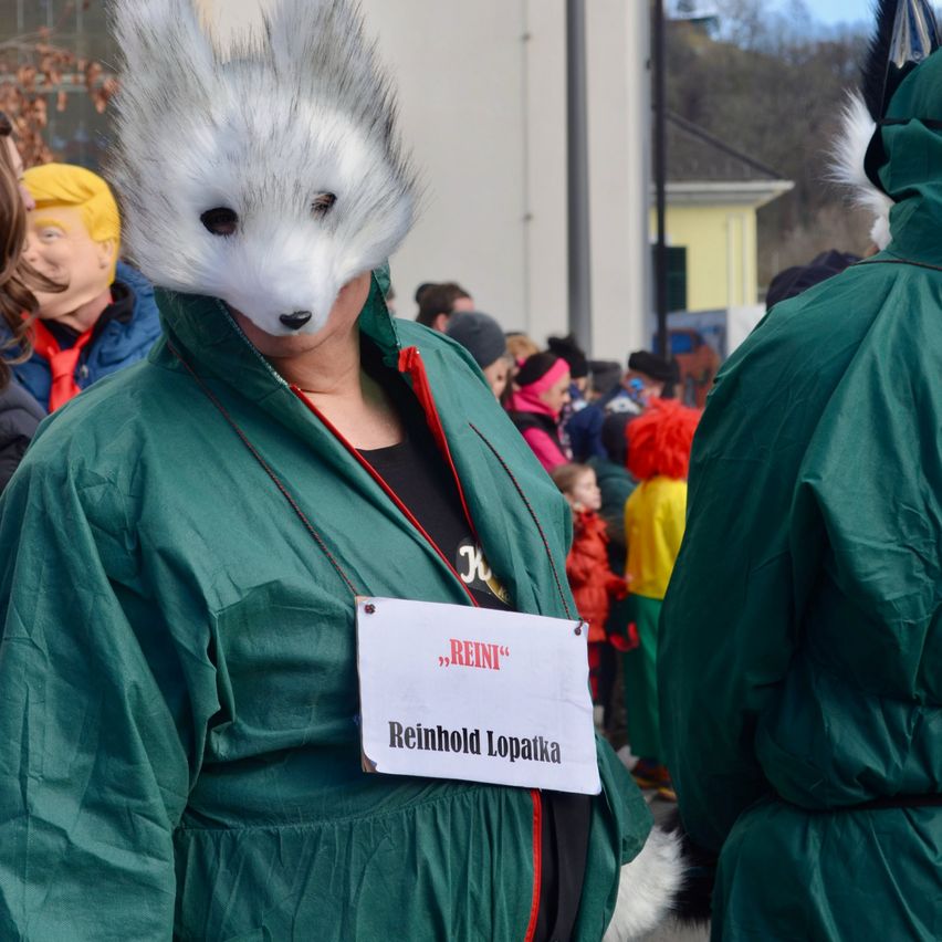 Eine Person in einer Fuchsmaske und grüner Kleidung steht bei einer Outdoor-Veranstaltung. Hinter ihr ist teilweise eine weitere Person in Grün zu sehen. Die Menge besteht aus Personen in verschiedenen Kostümen.
