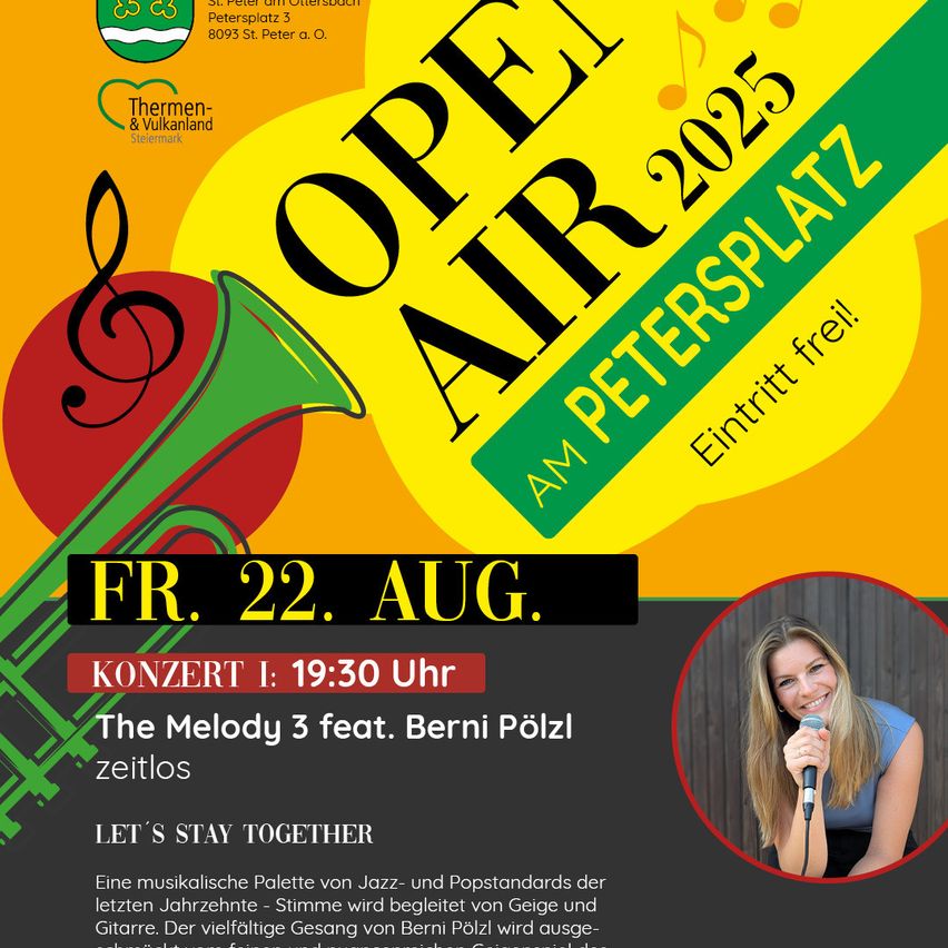 Das Plakat bewirbt ein Jazz-Konzert mit The Melody 3 und Berni Pölz. Der Eintritt ist frei und findet am Freitag, den 22. August, um 19:30 Uhr statt.