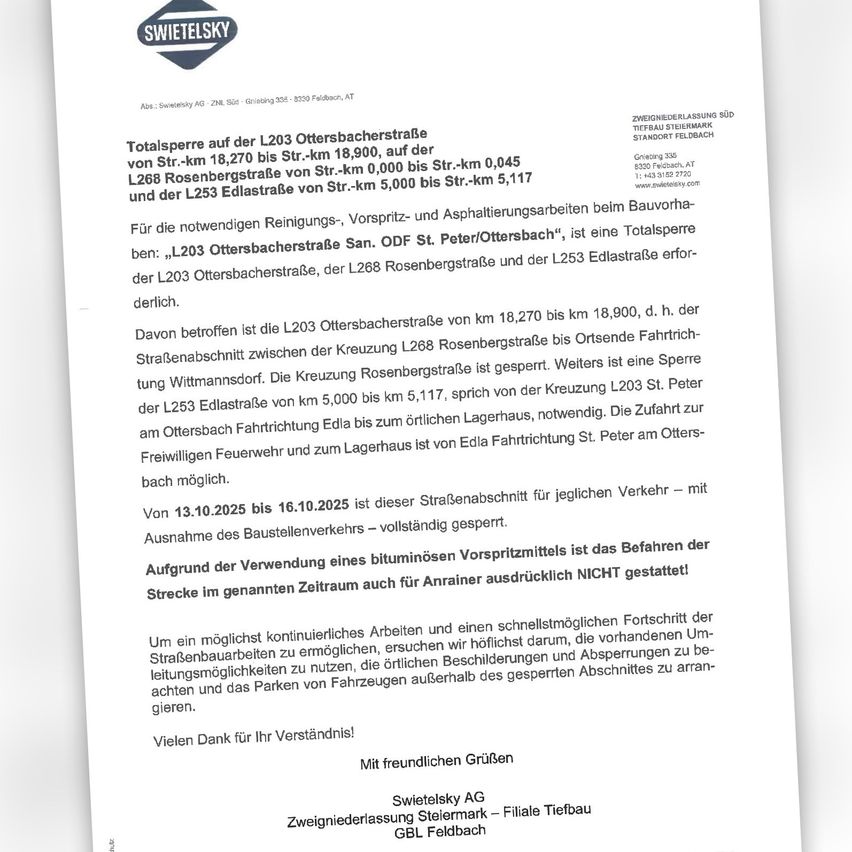 A document contains a notice about a total road closure on various streets due to maintenance work. The closure affects sections of L203, L268, and L253. Temporary speed restrictions apply. Vehicles using bitumen sprayers are not allowed. The closure is from October 13, 2025, to October 16, 2025, with full closure on October 16, 2025.