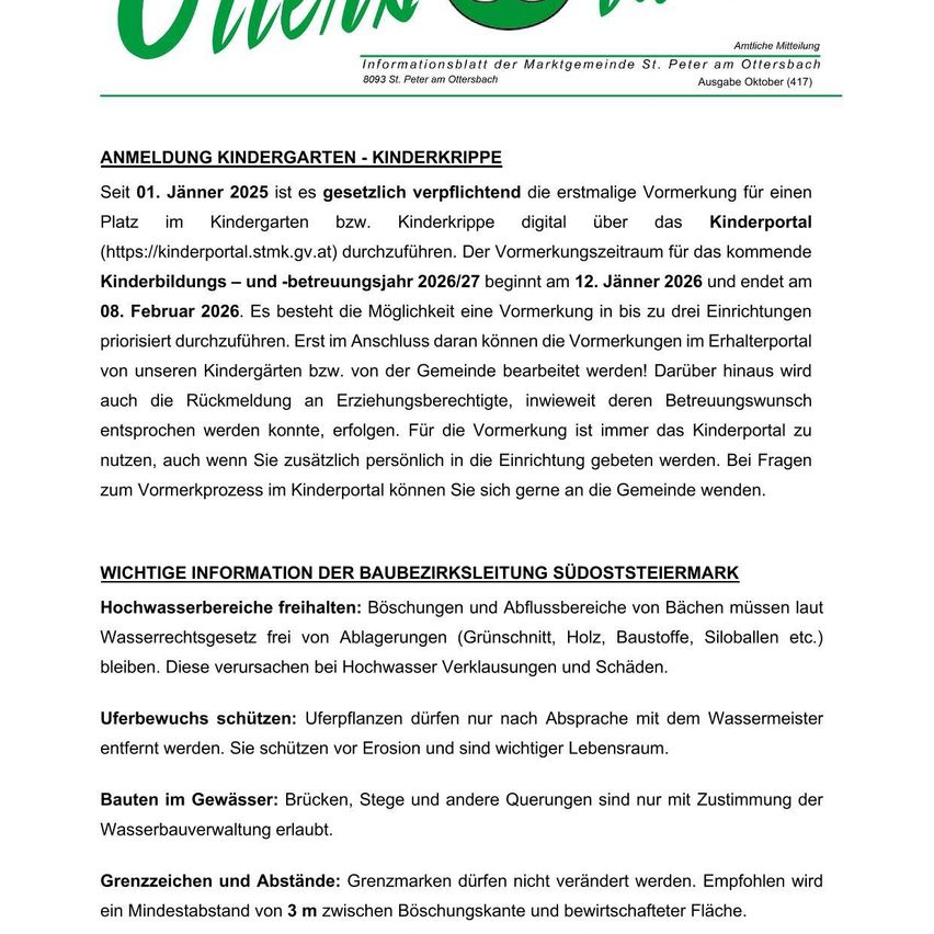 Wichtige Informationen zur Anmeldung für Kindergarten und Kinderkrippe. Ab dem 1. Januar 2025 ist die erste Anmeldung für einen Kindergarten- oder Kinderkrippenplatz digital über das Kinderportal verpflichtend. Der Anmeldezeitraum für das kommende Kindergarten- und Betreuungsjahr 2026/27 beginnt am 12. Januar 2026 und endet am 8. Februar 2026. Wichtige Informationen zur Wasserwirtschaft im Südostbayern.