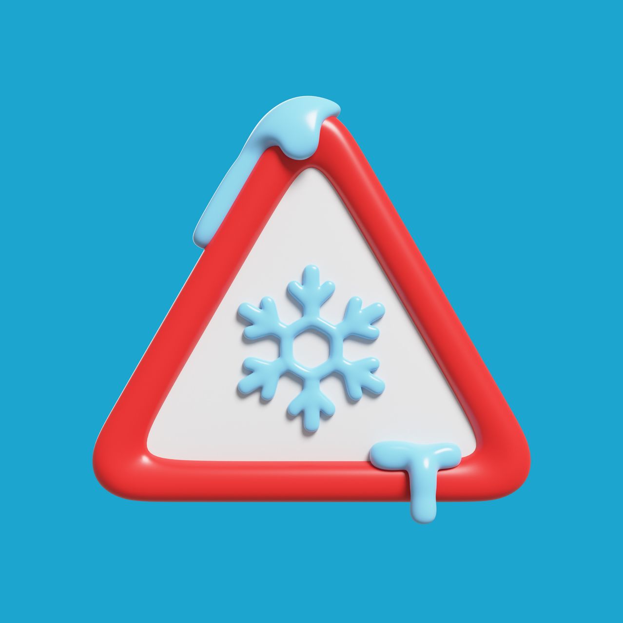Ein roter Dreieck mit einem Schneeflockensymbol und einem Schmelzeffekt auf blauem Hintergrund.