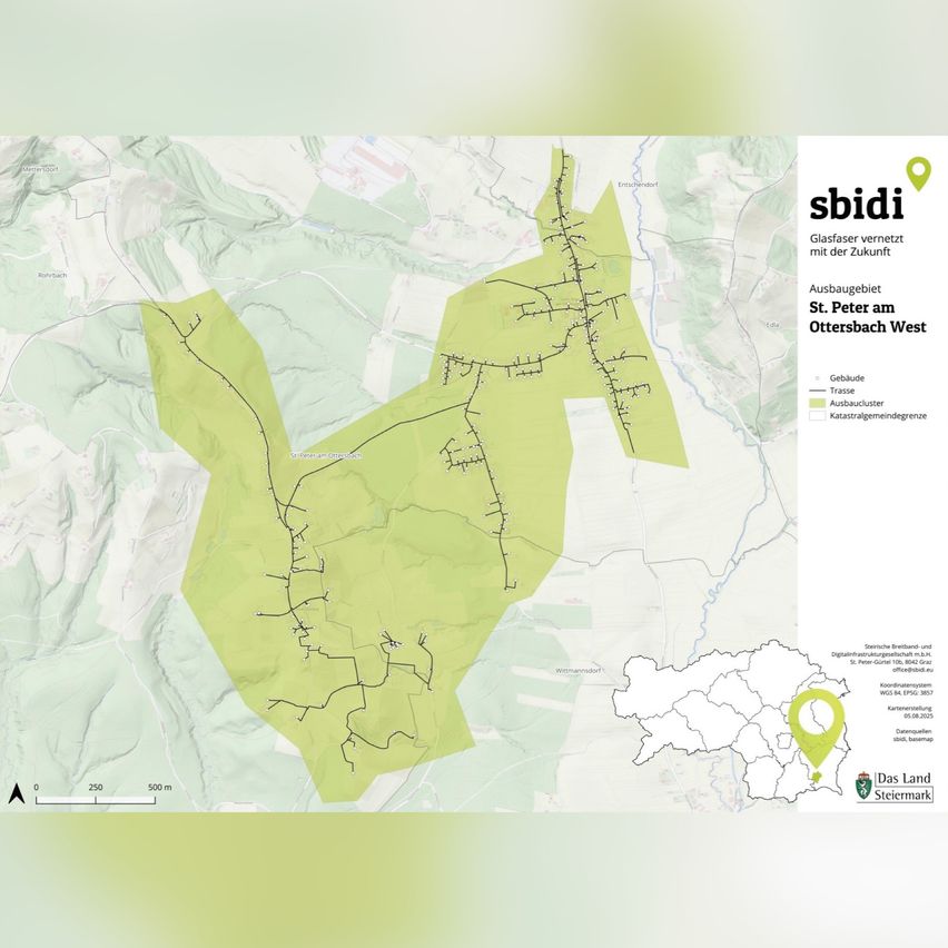 A map showing the area around St. Peter am Ottersbach West, with various geographical features like buildings, roads, and trails. The map is divided into sections with legends for paths, trails, and disaster areas.
