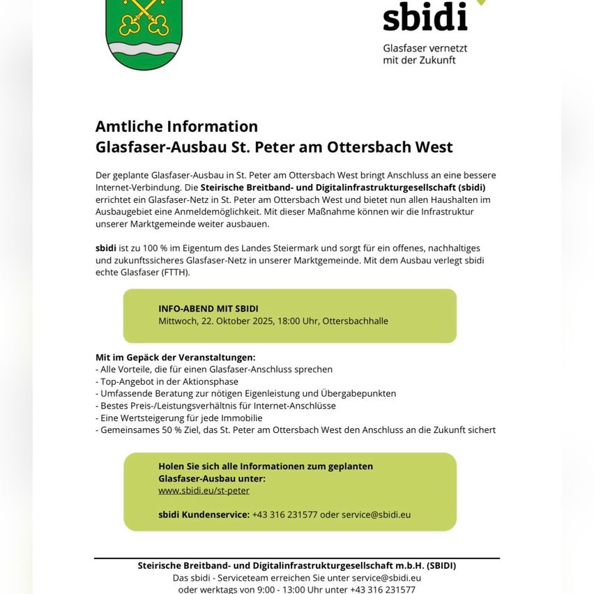 The planned fiber optic expansion in St. Peter at Ottersbach West connects to a better internet connection. The Styrian Fiber and Digital Infrastructure Company (sbidi) has established a fiber optic network in St. Peter at Ottersbach West and offers the infrastructure to all households in the community.