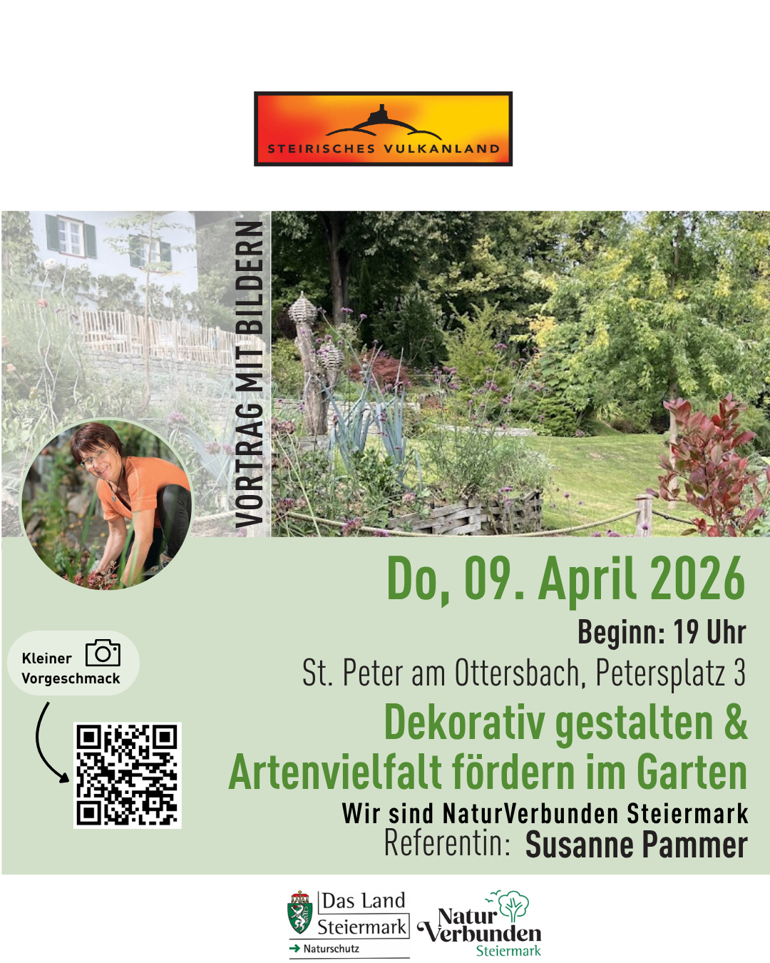An event poster for St. Peter at Ottersbach, April 9, 2026. A woman is gardening. A QR code is available for more information. The title is 'Vortrag mit Bildern'. The event will start at 7 PM.