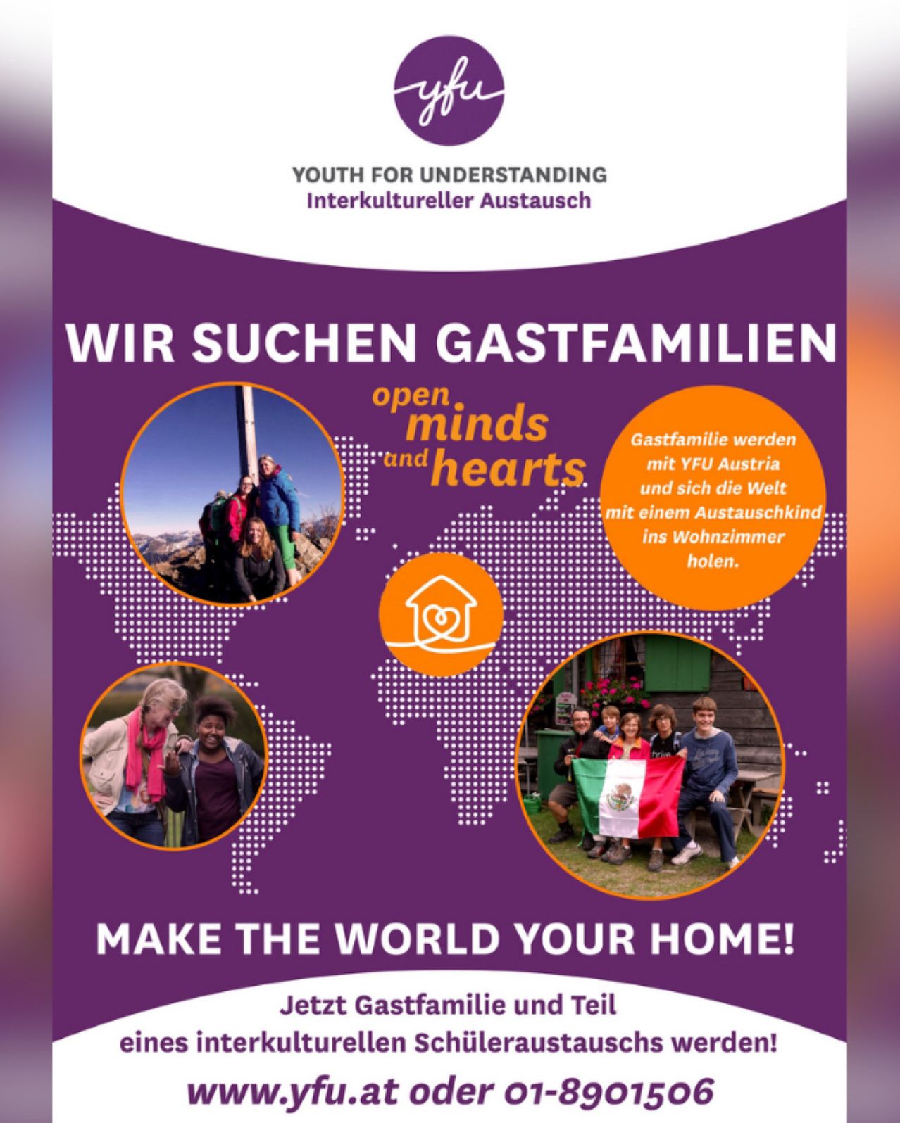 Poster with a call to find host families. The poster features images of diverse families and a map of the world. The theme is cultural exchange.