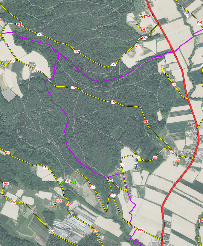 Eine Luftaufnahme einer ländlichen Landschaft mit verschiedenen nummerierten Wegen. Die Wege sind in Gelb und Lila eingefärbt, was verschiedene Routen anzeigt. Die Landschaft umfasst Wälder, Felder und Straßen.