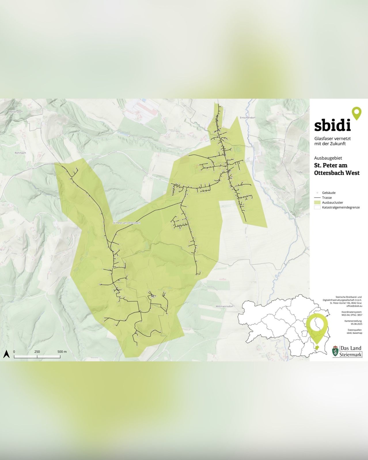 Eine Karte zeigt ein grünes Gebiet namens St. Peter am Ottersbach West mit einem angesteckten Pin. Die Karte enthält auch eine Legende und einen Maßstab.
