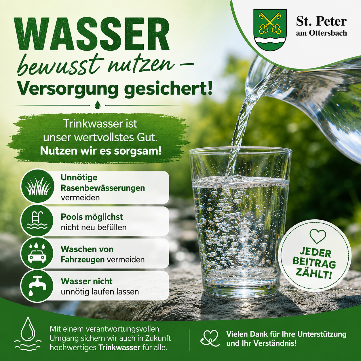 Ein Plakat zur Förderung der Wassereinsparung mit einem eingegossenen Glas Wasser, einem grünen Hintergrund und Tipps zur Wassernutzung.