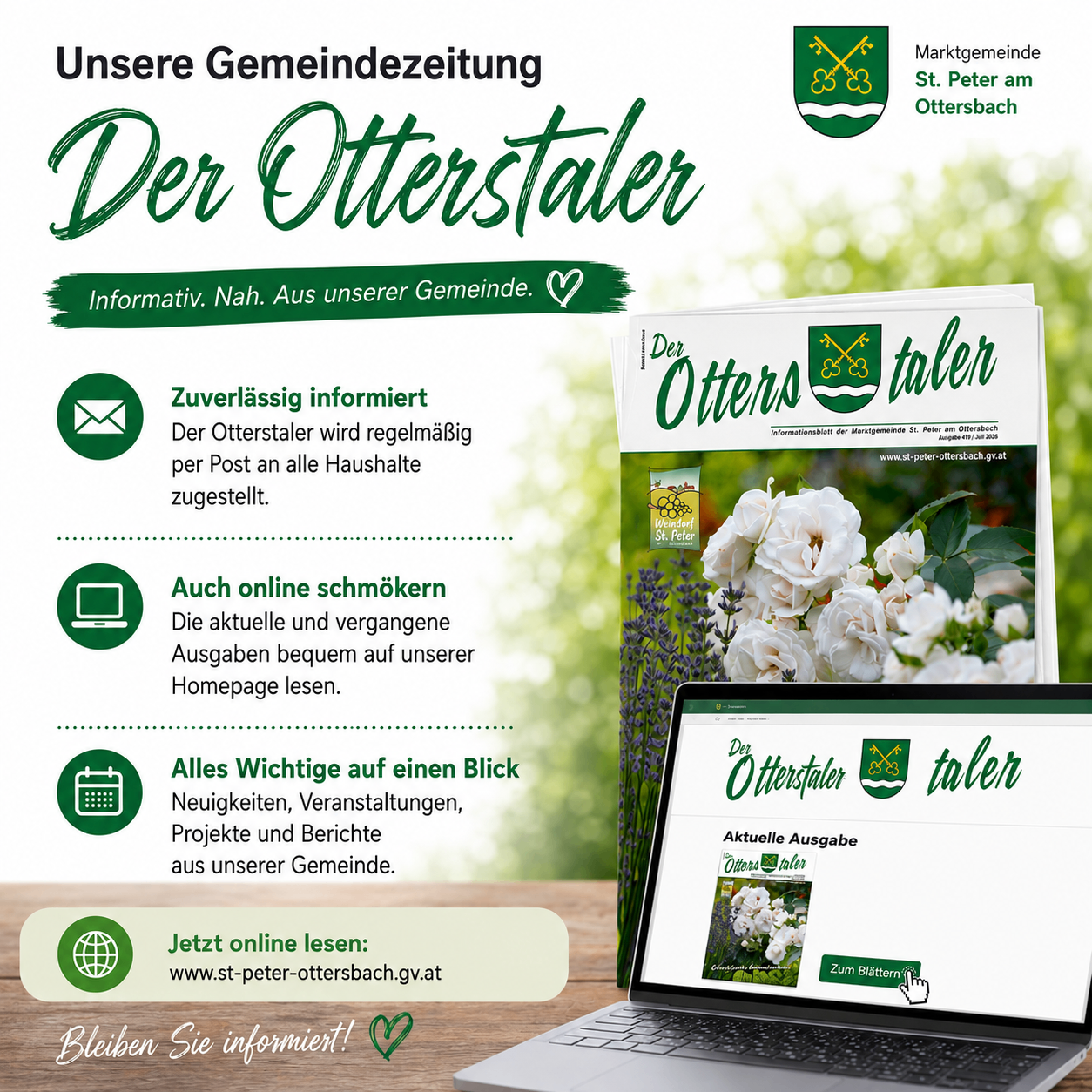 Eine Werbung für Der Otterstaler, eine Gemeindezeitung, die auf einem Laptop mit der Website der Zeitung und einem grünen und weißen Design, Blumen und einem grünen Hintergrund gezeigt wird. Der Text betont die Verfügbarkeit der Zeitung sowohl online als auch in gedruckter Form.