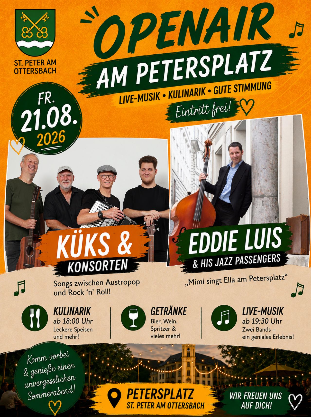 Poster for a musical event on August 21, 2026, featuring bands Kuks & Konsorten and Eddie Luis & His Jazz Passengers. The event includes live music, food, and drinks. The poster shows a group photo of the musicians.