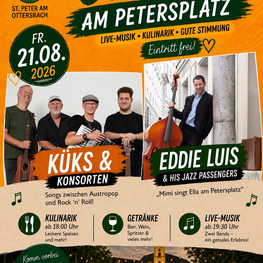Poster for an event at St. Peter am Ottersbach on August 21, 2026, featuring live music by Kuks & Konsorten and Eddie Luis & His Jazz Passengers. The event includes food, drinks, and free entry.