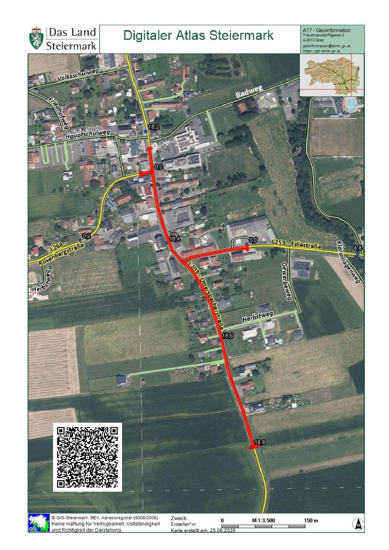 A map showing a small town with roads labeled with numbers and names, including Hauptschulweg, L268 Rosenbergstraße, and L253 Edlastrase. The map also includes a QR code for additional information.