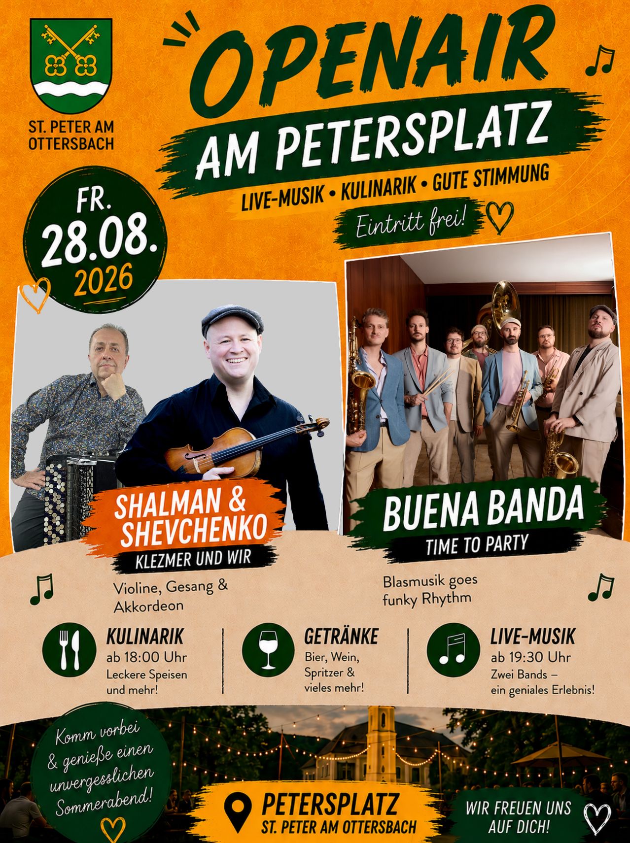 Poster for an event on August 28, 2026, featuring Shalman & Shevchenko and Buena Banda. The poster includes images of musicians, a violin, and a trumpet. It highlights live music, food, and drinks.