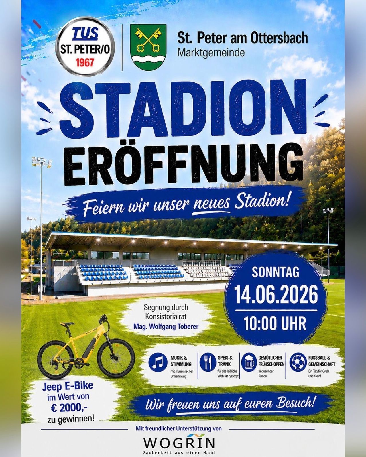 Plakat zur Eröffnung eines neuen Stadions, mit einem gelben E-Bike, einem leeren Stadion und dem Datum 14. Juni 2026. Aktivitäten umfassen Musik, Essen und Fußballspiele.