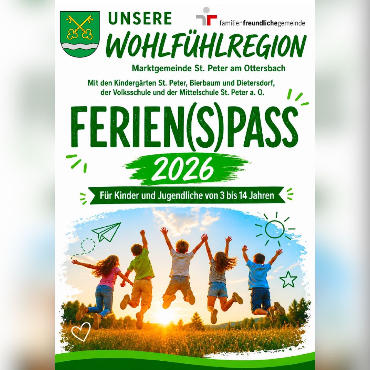 Plakat für Ferien(S)Pass 2026 für Kinder und Jugendliche von 3 bis 14 Jahren in Wohlfühlregion, mit Kindern, die springen, und einer Sonne und Wolken im Hintergrund.