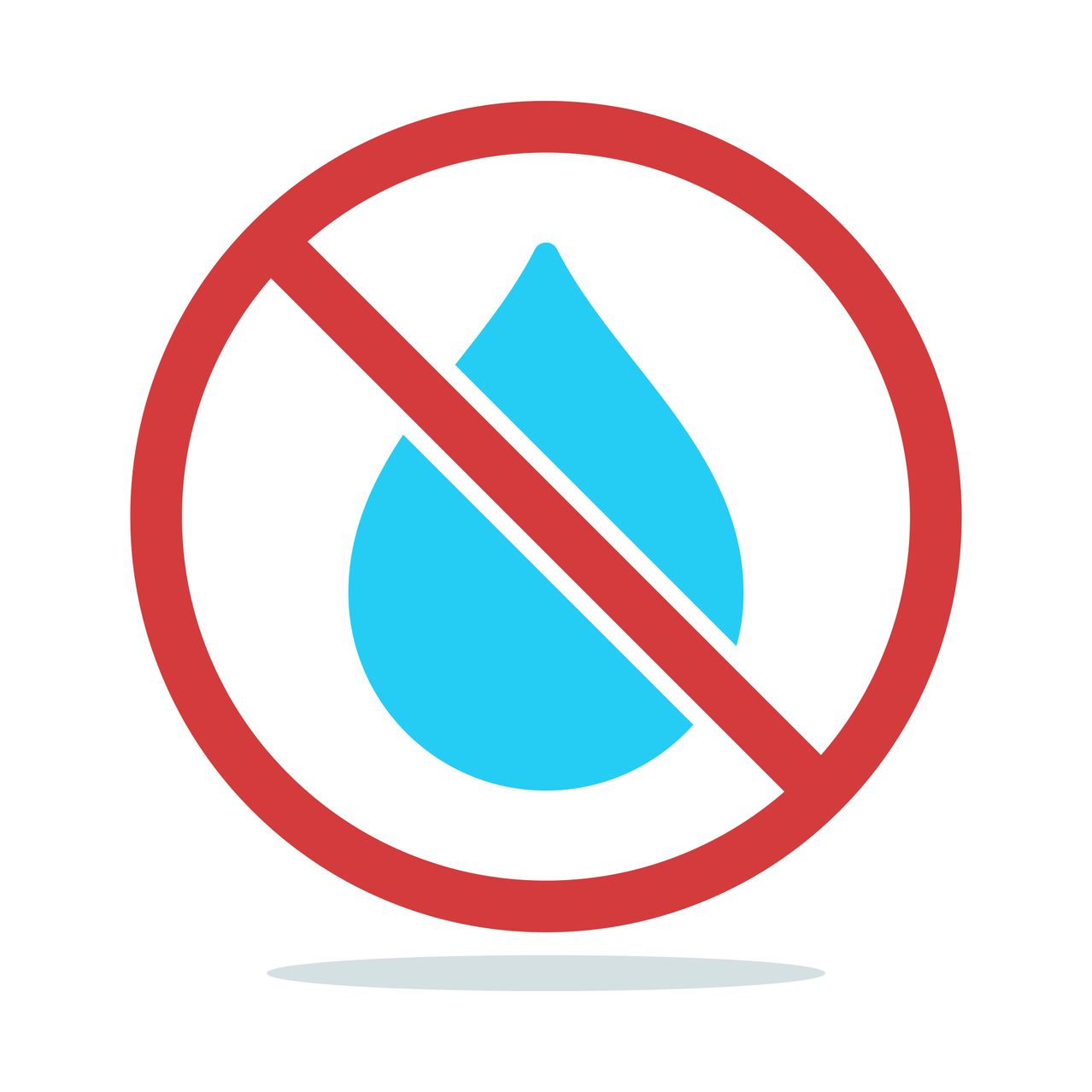 A blue water droplet icon is crossed out in a red circle, indicating prohibition.