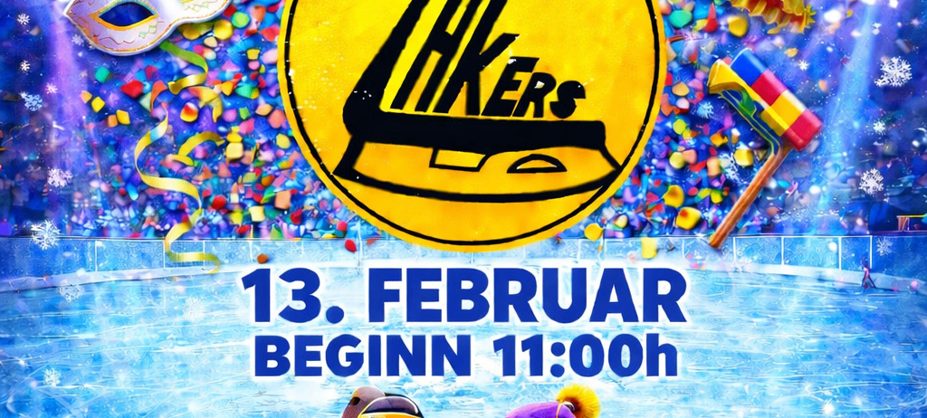 Plakat für Lakers Eisdisco. Zeigt einen Mann und eine Frau beim Eishockeyspielen, mit Konfetti, einer Maske und einem Partyhut im Hintergrund. Datum ist 13. Februar und Zeit ist 11:00.