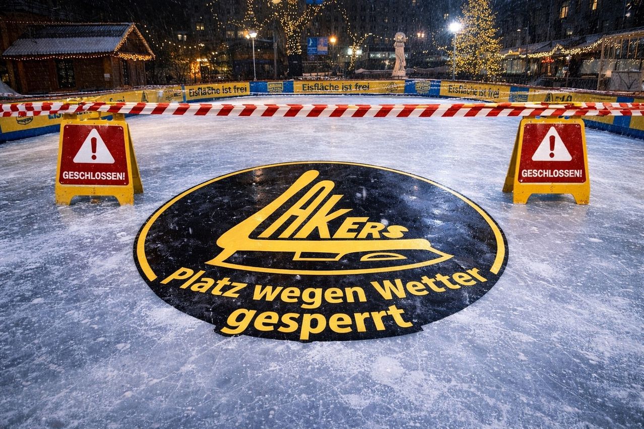 Eine Eislaufbahn im Freien mit einem geschlossenen Zeichen aufgrund des Wetters. Die Bahn hat ein kreisförmiges Schild mit der Aufschrift 'BAKERS' und 'Platz wegen Wetter geschlossen'. Im Hintergrund befinden sich Straßenlaternen und ein Weihnachtsbaum.