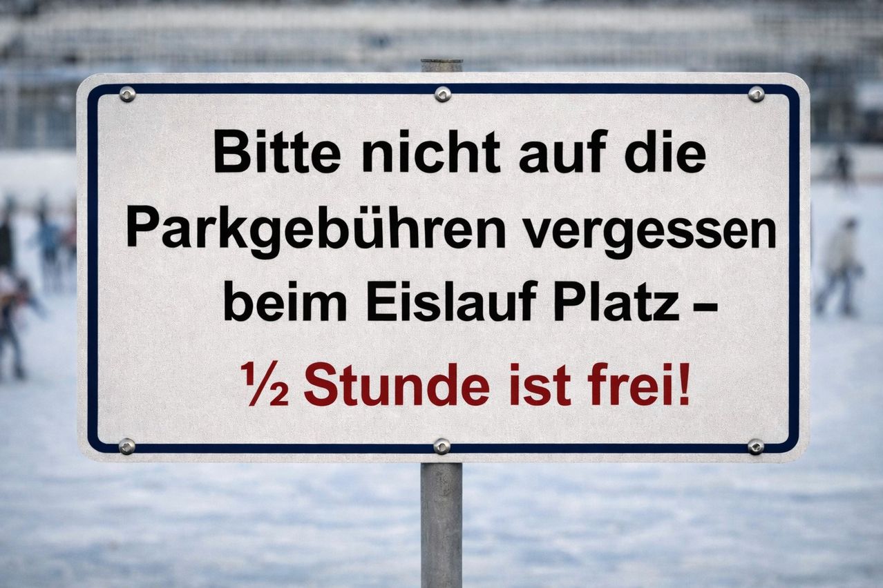 Ein Schild in einem verschneiten Bereich weist darauf hin, dass die Parkgebühren am Eislaufplatz nicht vergessen werden sollten – eine halbe Stunde ist frei!