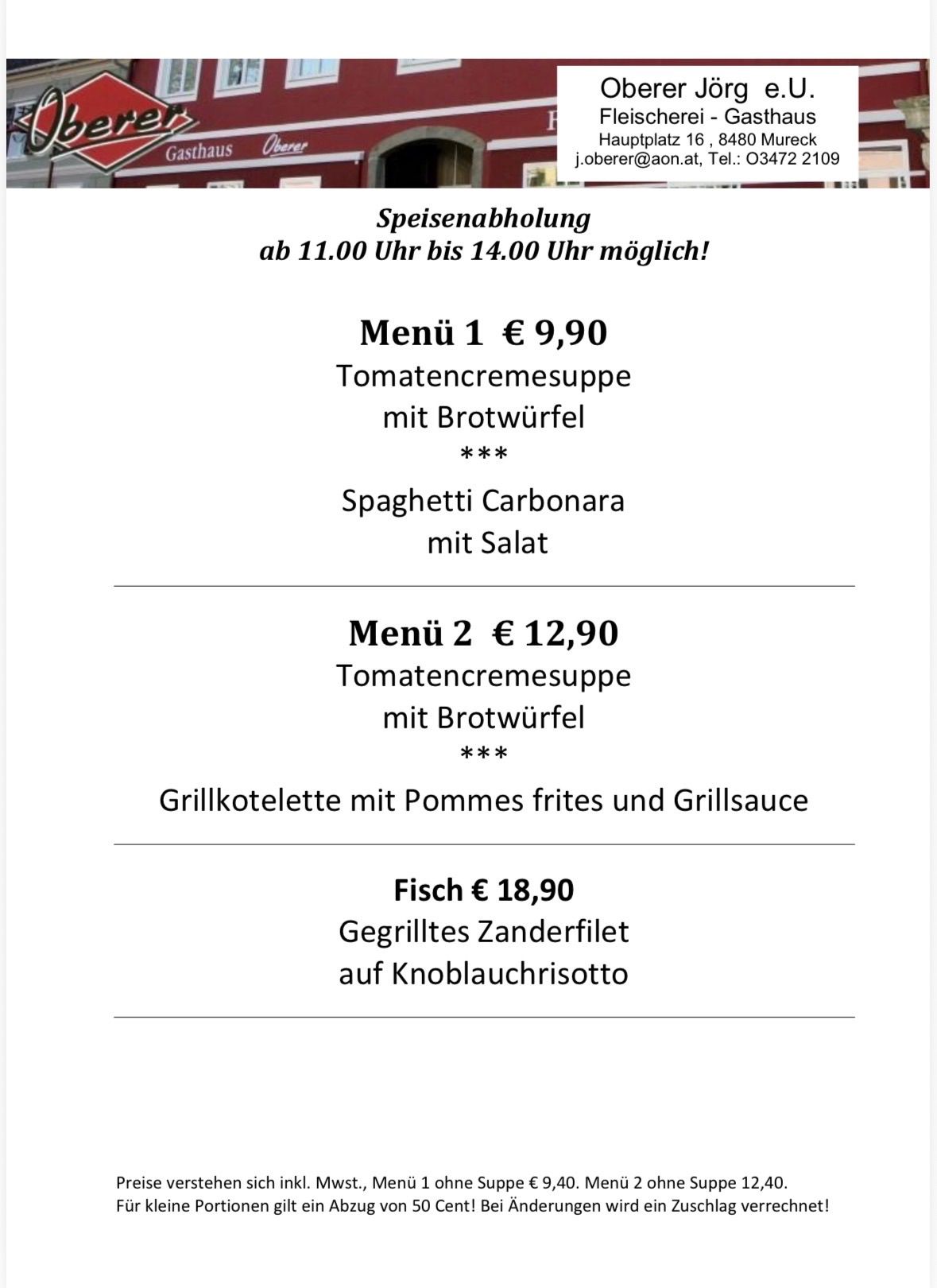 Das Bild zeigt ein Menü mit drei Optionen: Menü 1 für 9,90 €, Menü 2 für 12,90 € und ein Fischgericht für 18,90 €. Jedes Menü besteht aus einer Tomatencremesuppe mit Brotkrumen und einem weiteren Gericht.