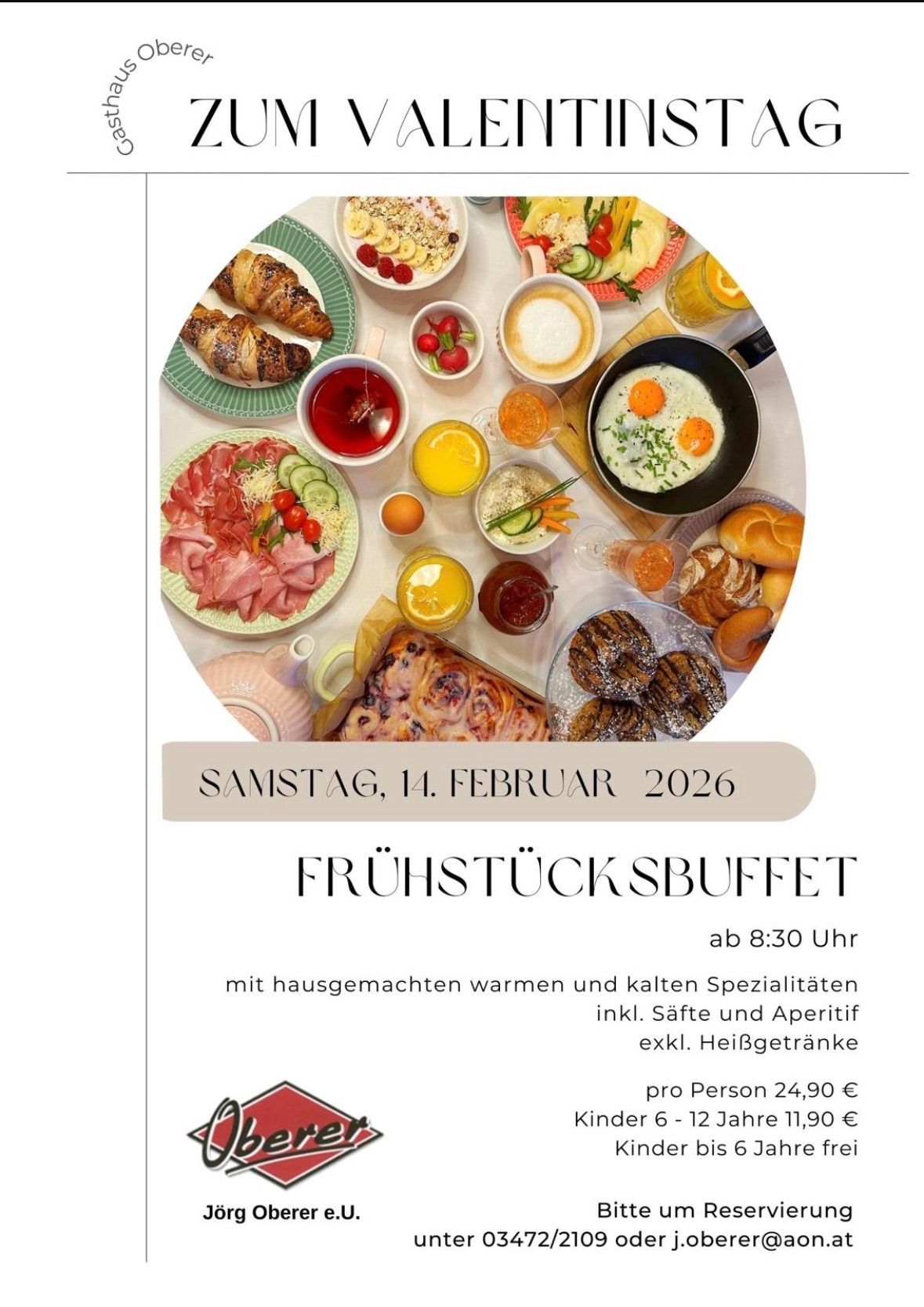 A breakfast buffet with homemade hot and cold specialties including sauces and aperitif, excluding hot beverages, starting at 8:30 AM on Saturday, February 14, 2026, priced at 24.90 euros per person.