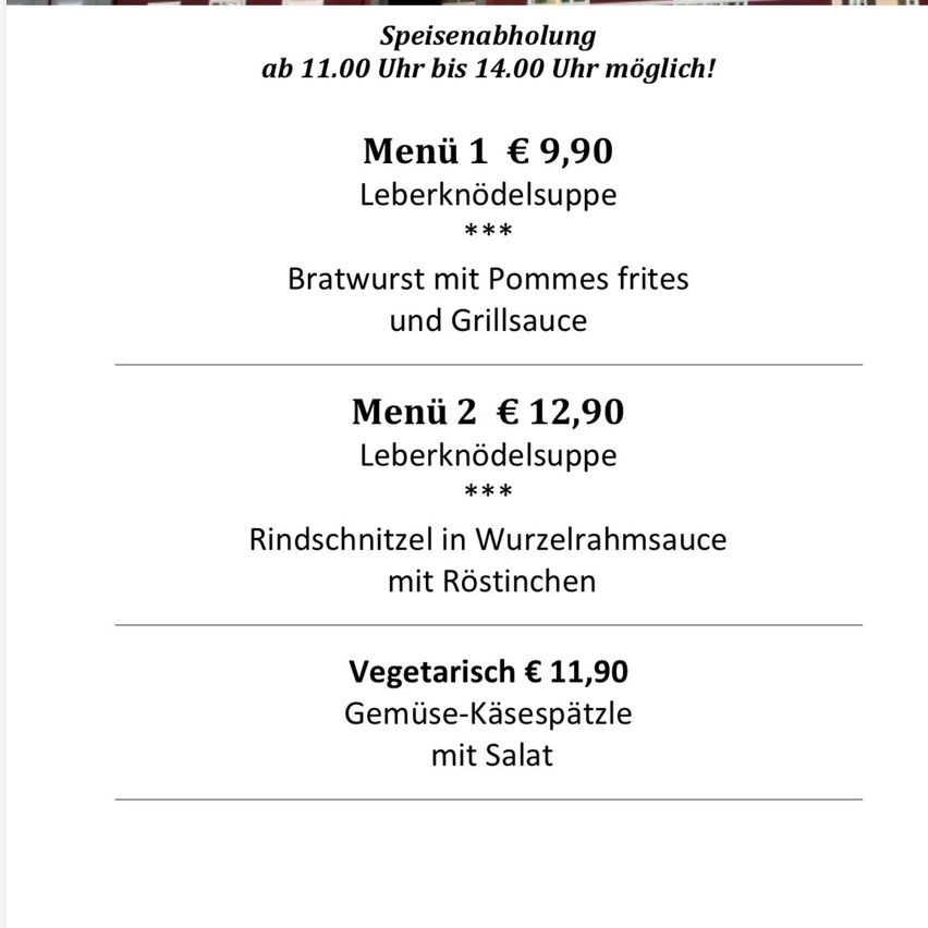 A menu listing three options: Menu 1 is €9.90, Menu 2 is €12.90, and the vegetarian option is €11.90. Menu 1 includes liver dumplings and bratwurst with fried potatoes and grill sauce. Menu 2 includes liver dumplings and beef slices in root beer sauce with roasted potatoes. The vegetarian option includes cheese and vegetable pasta with salad. Food delivery is available from 11:00 AM to 2:00 PM.
