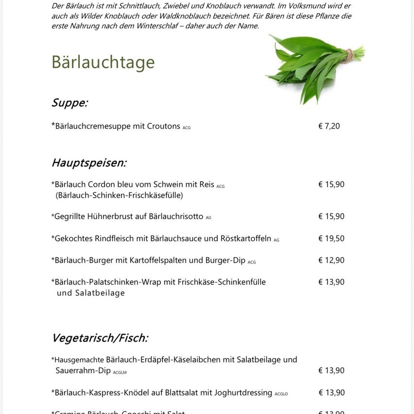 Ein Menü zeigt Gerichte mit Bärlauch-Thematik. Die Suppe ist Bärlauchcremesuppe mit Croutons für 7,20 Euro. Hauptgerichte umfassen Bärlauch Cordon bleu für 15,90 Euro und andere Gerichte von 12,90 bis 19,50 Euro. Vegetarisch/Fisch umfasst Bärlauch-Erdapfel-Käselaiben für 13,90 Euro.
