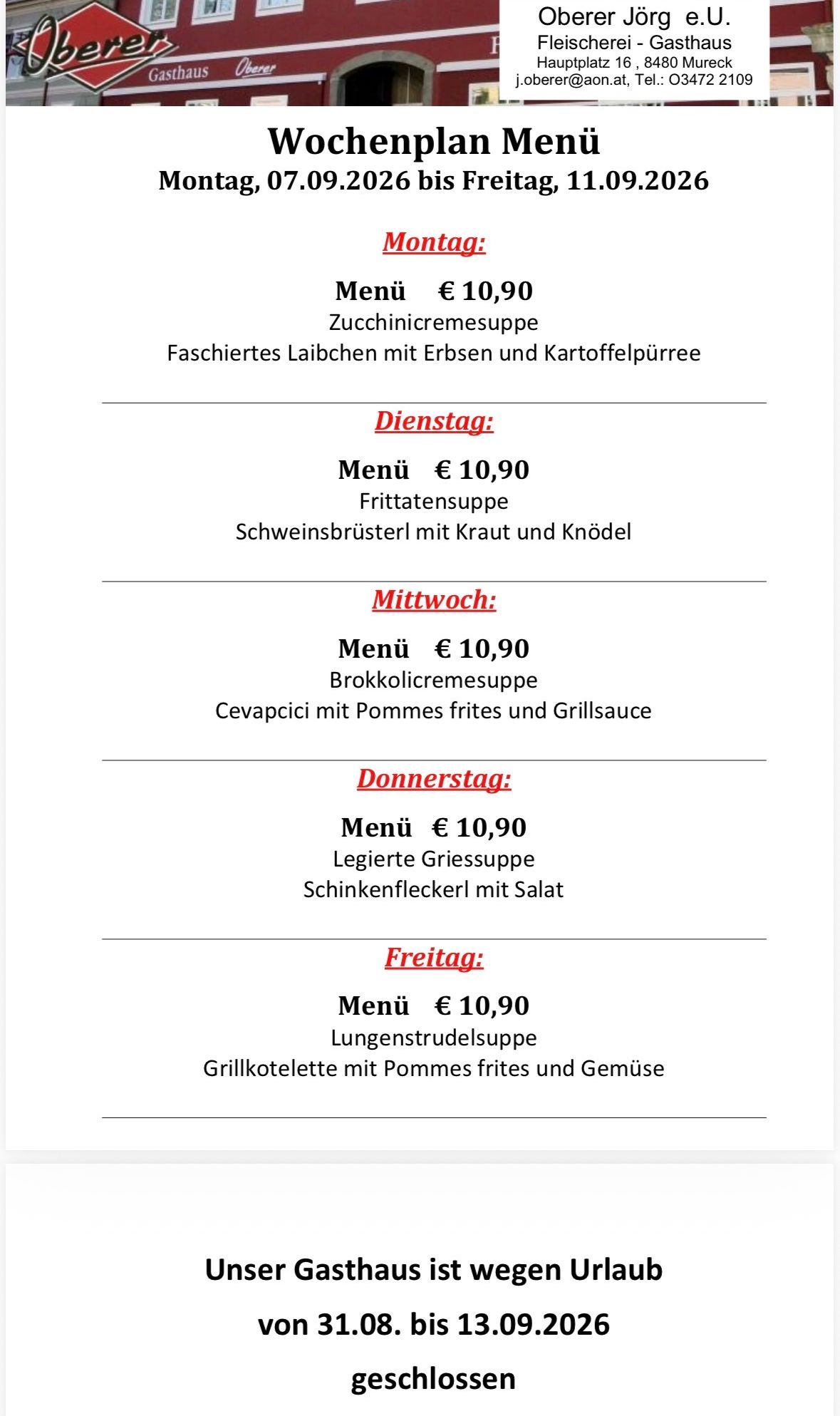 Weekly menu for a restaurant. Each day features a soup and a main dish. Prices are listed in euros.