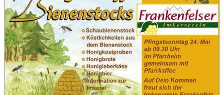 Plakat für den Tag des offenen Bienenstocks mit verschiedenen bienenbezogenen Aktivitäten und Informationen. Aktivitäten umfassen Bienenstockbeobachtung, Honigproben, Honigbrauen, Honigverkostung und Imkereiinformationen. Die Veranstaltung findet im Pfarrhaus statt.