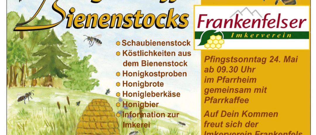 Plakat für den Tag des offenen Bienenstocks mit verschiedenen bienenbezogenen Aktivitäten und Informationen. Aktivitäten umfassen Bienenstockbeobachtung, Honigproben, Honigbrauen, Honigverkostung und Imkereiinformationen. Die Veranstaltung findet im Pfarrhaus statt.