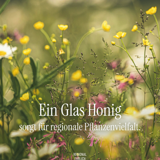 Ein unscharfes Bild eines Gartens mit verschiedenen Blumen und Pflanzen im Hintergrund. Das Bild hat einen weißen Rand und der Text lautet 'Ein Glas Honig' und 'sorgt fur regionale Pflanzenvielfalt'.