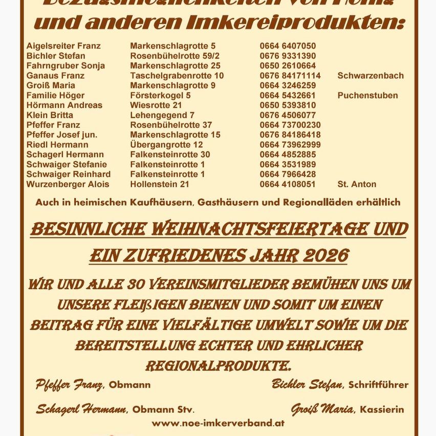 Das Bild zeigt eine Liste von Namen und zugehörigen Nummern, gefolgt von einer Nachricht über regionale Produkte und Weihnachtsfeiertage. Es enthält einen Hinweis über Imker, ihre Bemühungen und eine Website für weitere Informationen.