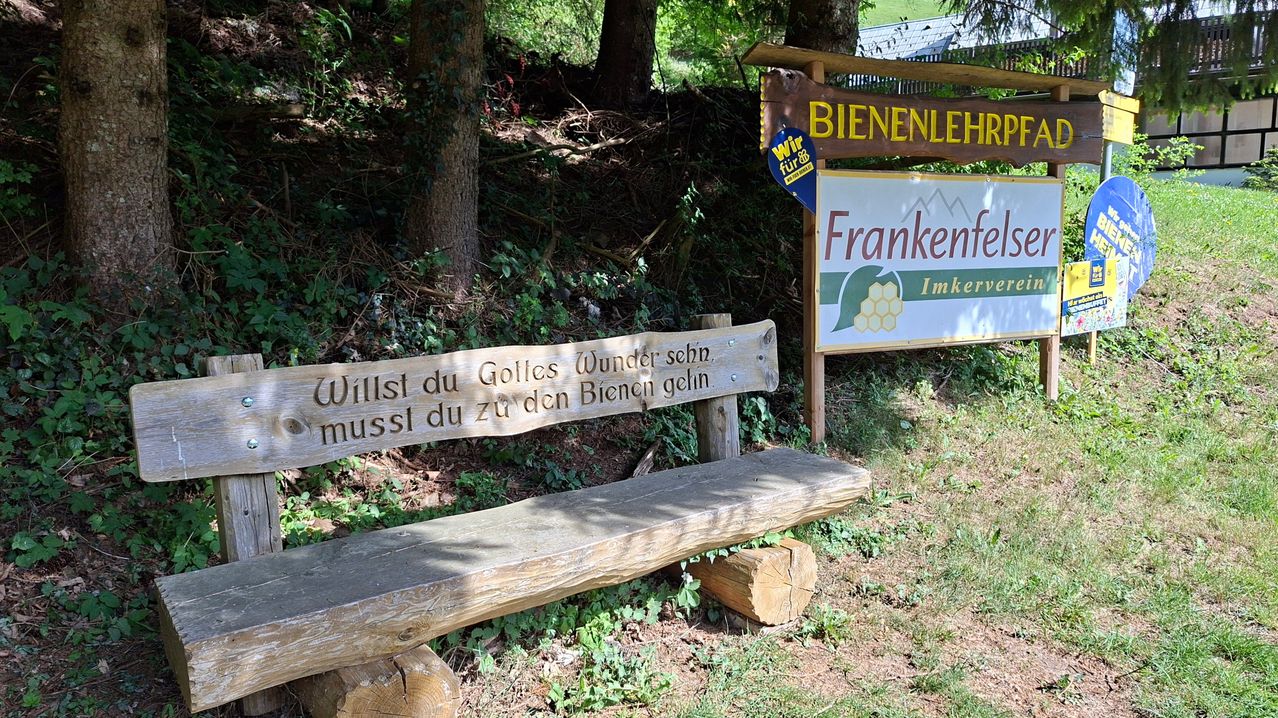 A wooden bench with a carved message is outside near a sign that reads Bienenlehr. The sign is next to a board with the words Frankenstein Imkerverein. The bench and sign are surrounded by trees and grass.