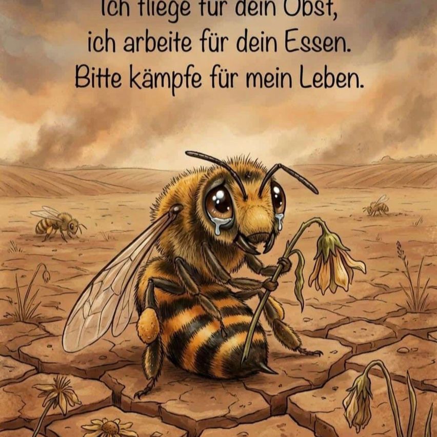 Eine Biene sitzt mit traurigem Gesichtsausdruck auf einem trockenen Feld. Sie hält eine Blume und hat einen Spruch, der lautet: Ich fliege für dein Obst, ich arbeite für dein Essen. Bitte kämpfe für mein Leben.