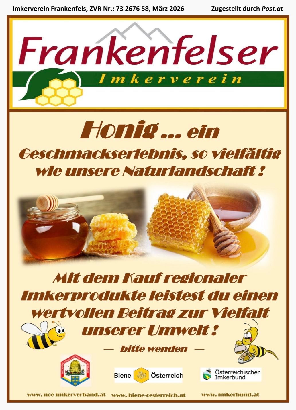 Plakat einer Imkervereinigung mit Bildern von Honig, Honigwaben und Bienen, das zum Kauf regionaler Imkerprodukte für Umweltunterstützung aufruft.
