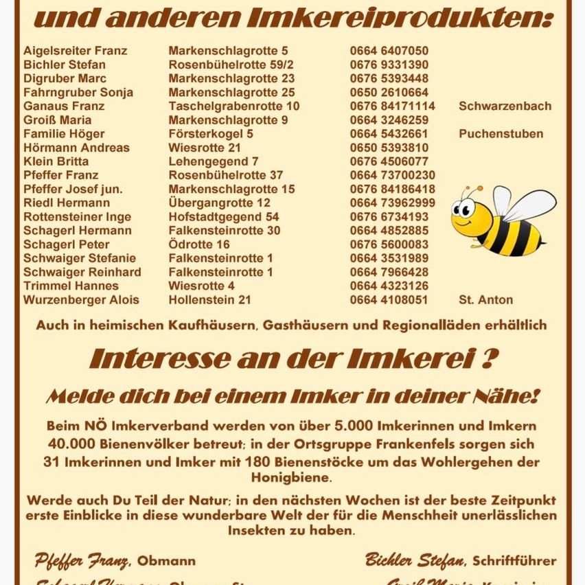 Ein Plakat listet Imker und ihre Bienenstöcke auf, einschließlich Namen, Telefonnummern und Standorte der Bienenstöcke. Es erwähnt auch die Verfügbarkeit von Imkereiprodukten und ermutigt Menschen, der Imkereigemeinschaft beizutreten.