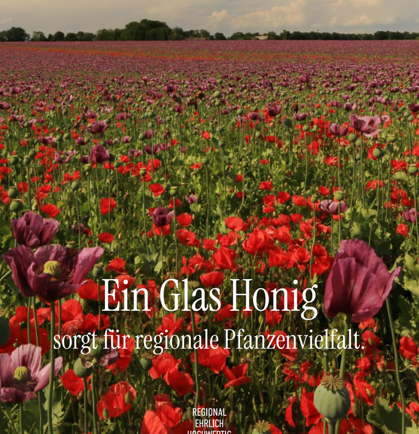 Ein Feld mit roten und lila Mohnblumen, der Text 'Ein Glas Honig' und 'sorgt fur regionale Pflanzenvielfalt' in weißer Schrift.
