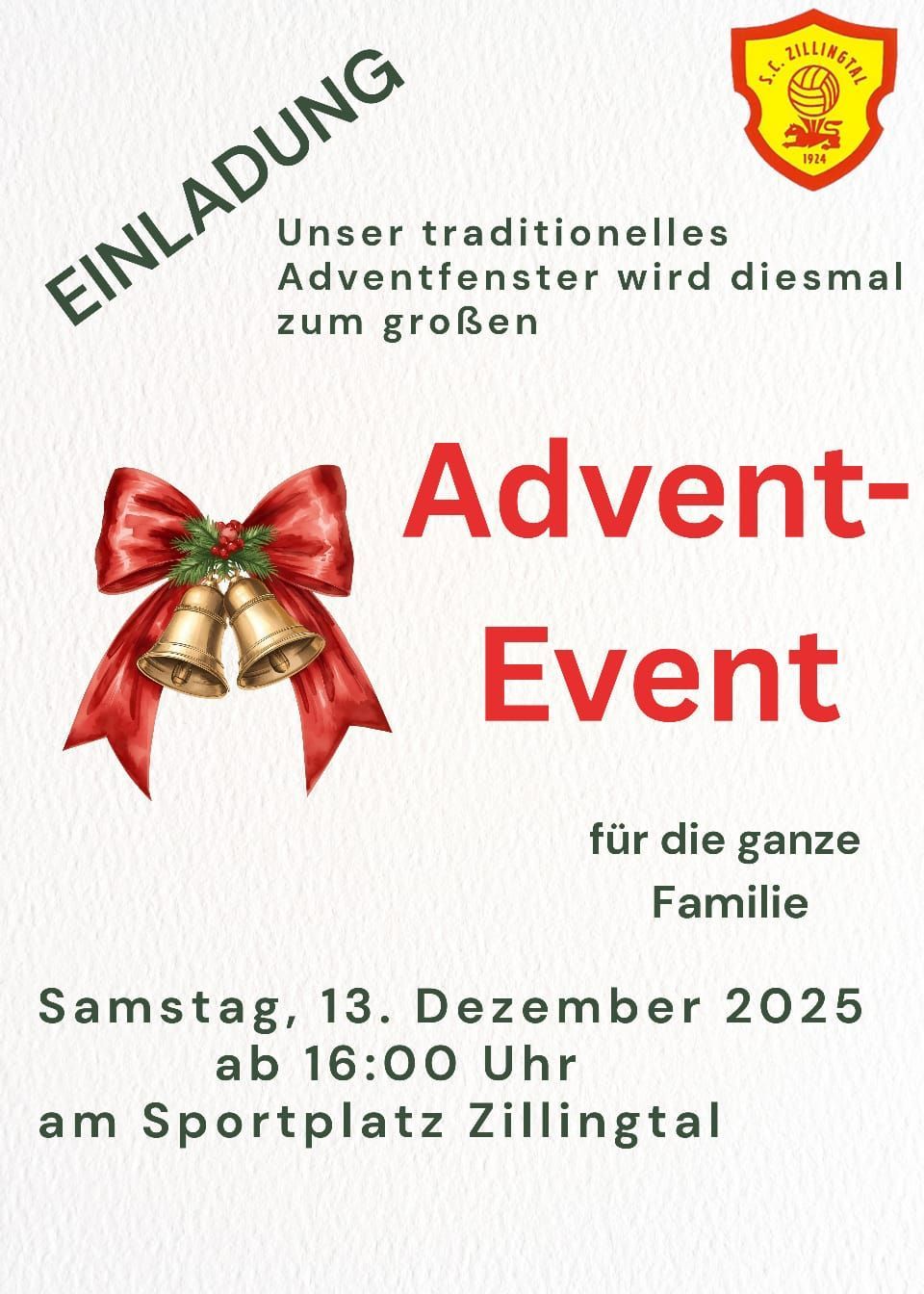 Werbeplakat für eine familienfreundliche Adventsveranstaltung mit einem roten Schleifenband und Glocken, geplant für den 13. Dezember 2025, Beginn um 16:00 Uhr.