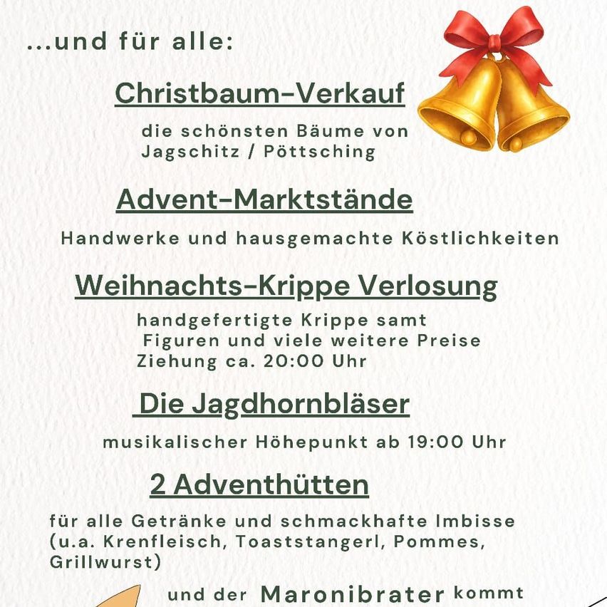 Ein Festveranstaltungs-Werbeplakat für den Verkauf von Weihnachtsbäumen, handgefertigten Kränzen und Adventmarktständen. Es zeigt zwei Glockenbilder und die Ankündigung des musikalischen Höhepunkts 'Jagdhornblaser' um 19:00 Uhr.